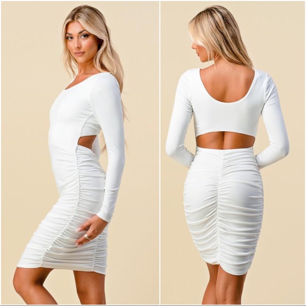 Appealing Ruched Long Sleeve Dress-Wht - Picture 2 of 2